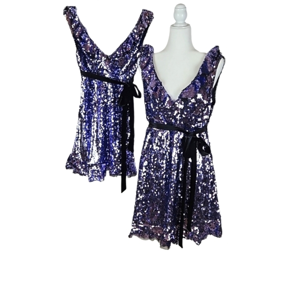 NWT Free People Purple Sequin Party Holiday Dress in Purple & Black Velvet - Picture 3 of 5
